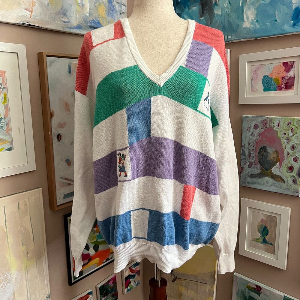 Pringle of Scotland Vintage Golf Sweater Colorblock V Neck Knit Mens L Old Money
